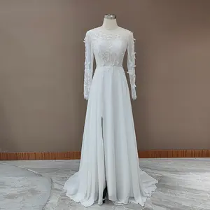 100% fotos reales de manga larga 3D apliques de hojas de encaje A-line vestido de novia suave gasa abertura lateral vestido de novia para mujer