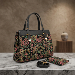 Ensemble de sacs à main de luxe vintage 3 pièces pour femme, sac fourre-tout imprimé brocart Kalamkari, pochette assortie, bandoulière amovible, pompon, portable - Product Image 4