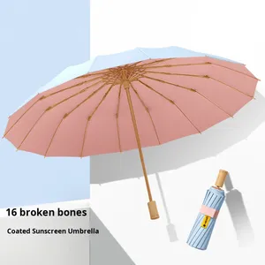 Paraguas Plegable 16K de 16 Varillas con 70% de Protección Solar, Estilo Fresco, Revestimiento de Color, Mango de Madera Vintage, Manual, Regalo, 105cm - Product Image 1