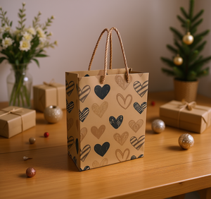 Sacchetto regalo in carta kraft con manici intrecciati e motivo a cuori serigrafati per regali e lavori manuali - Product Image 2