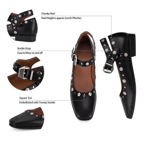 Fibbia personalizzata quadrata con <span class=keywords><strong>punta</strong></span> quadrata <span class=keywords><strong>ballerine</strong></span> Mary Janes <span class=keywords><strong>ballerine</strong></span> con spalline eleganti tacco basso comode <span class=keywords><strong>borchie</strong></span> scarpe da Ballerina - Product Image 2