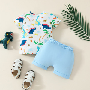 Gros été bébé garçon dessin animé dinosaure imprimé à manches courtes haut de poche + short de couleur unie deux pièces - Product Image 2