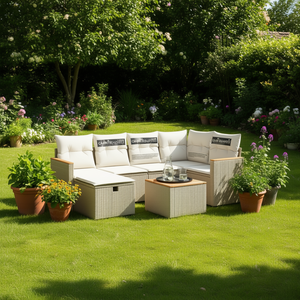 ชุดโซฟาหวายสีเบจครีมขาวสำหรับสวน 4 ที่นั่ง พร้อมที่เก็บของ ดีไซน์ร่วมสมัย - Product Image 2