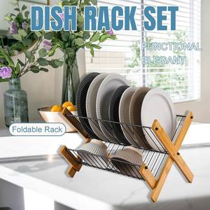 رف تجفيف أطباق قابل للطي، موفر للمساحة، رف تخزين للأطباق والأوعية على سطح المطبخ، رف تجفيف أطباق من الخيزران بطبقتين - Product Image 6