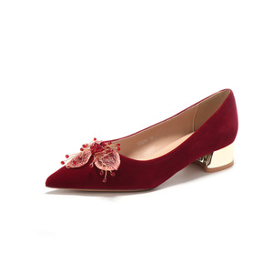 <b>Red</b> Velvet Pointed Toe Kitten Heel <b>Pumps</b> With Flower Decoration Formal Wedding Party Shoes Comfort Women's Size 3333H-046 - Product Image 5