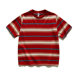 Camiseta de <span class=keywords><strong>Hombre</strong></span> a Rayas Horizontales Rojas, <span class=keywords><strong>Blancas</strong></span> y Azules, Cuello Redondo, Corte Holgado, 100% Algodón, Manga Corta para Uso Diario - Product Image 1