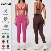 Ensemble de yoga 2 pièces pour femme, contraste de couleurs, soutien-gorge de sport à col en V et dos croisé, leggings taille haute, tenue de sport douce et extensible pour la gym et l'entraînement