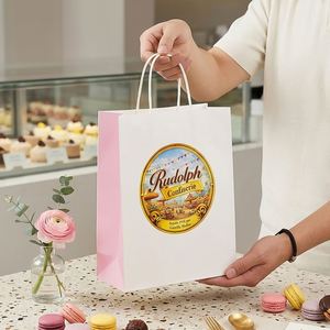 Customized Eco-Friendly Recyclable Kraft <b>Paper</b> Bakery Bags with Handle for Desserts Cookies Macarons Packaging - Product Image 6