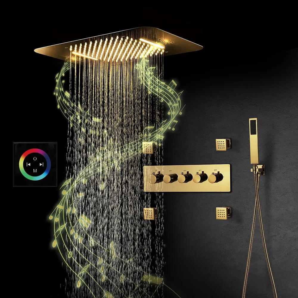 Music Design Gold Brass Rainfall Shower Head Thermostatic Concealed in ceiling rain Shower Set with body sprayer