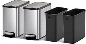 EKO Slim Small Bathroom Trash Can with Lid, Stainless Steel Kitchen Garbage Can with Removable Inner Bucket, 6L \/ 1.6 Gal 2 Pac