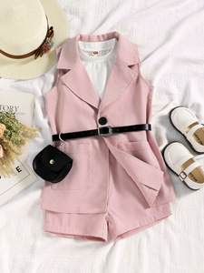 ชุดเสื้อผ้าสำหรับเด็กผู้หญิง4ชิ้น, เซ็ตชุดลำลองแขนกุดและสูทสีล้วนสำหรับเด็กวัยหัดเดินแฟชั่นฤดูร้อน - Product Image 4