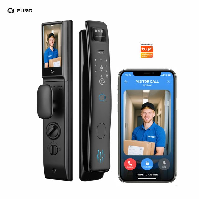 Qleung Smart Wood Door Lock with 3D Face Recognition Video Intercom Digital Fingerprint Card & Code Access Tuya WiFi Compatible
