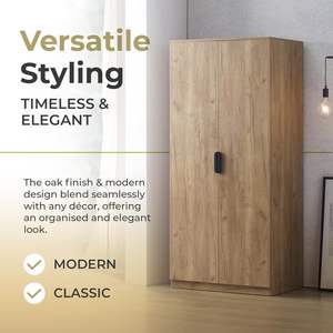 Armoire moderne en bois 2 portes 176X80X52 <span class=keywords><strong>cm</strong></span> avec 1 tringle à vêtements et 1 étagère inférieure Aspect chêne - Product Image 5