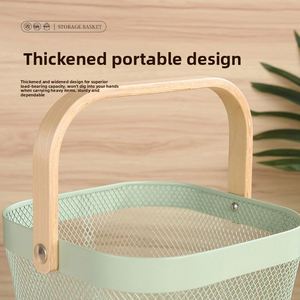 Modern Portable Rectangle Metal Wire Multifunctional Hollow <b>Storage</b> Organizer <b>Basket</b> with Wood Handle for Fruit <b>Vegetable</b> - Product Image 4