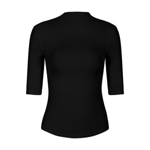 Haut de yoga modal SUHE TS-014 pour femme, col montant, coupe ajustée, manches courtes, couleur unie bleu marine, dos élégant boutonné, séchage rapide - Product Image 3