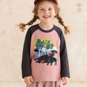 <span class=keywords><strong>Maglietta</strong></span> a Maniche Lunghe Personalizzabile per Ragazze con Stampa Colorata di Animali della Foresta, Maniche Raglan, Rosa e <span class=keywords><strong>Nera</strong></span>, Top Casual - Product Image 2