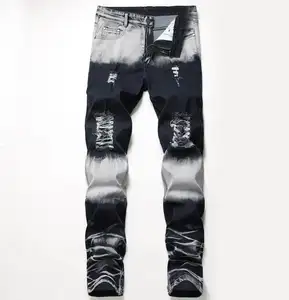 Celana Denim Hip-Hop Pria, Jeans Jalanan Tinggi Robek Celana Kustom Lubang Kaki Sempit Ritsleting