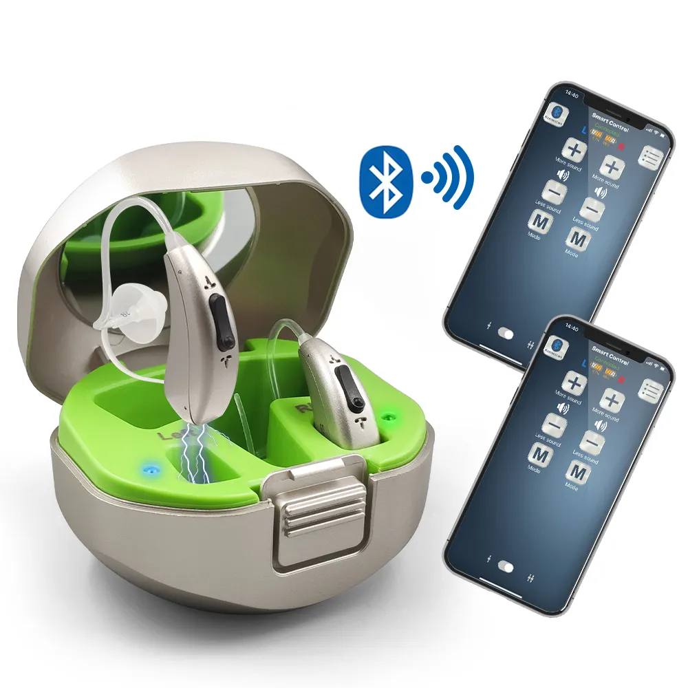 Alat bantu dengar BTE dapat diprogram, perlengkapan perawatan kesehatan kontrol aplikasi 16 saluran bantuan telinga Digital dapat diisi ulang Bluetooth