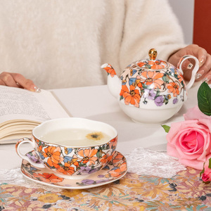 Bone <b>China</b> <b>Tea</b> Set - Orange Floral Petal Nesting Teapot with Cup and Saucer - Product Image 1
