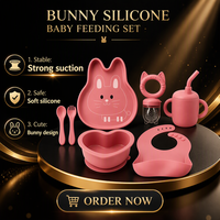 Ensemble repas bébé en silicone Lapin Rose : Assiette à ventouse, bol, bavoir, cuillère, fourchette, tasse à paille et anneau de dentition