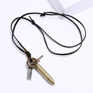 빈티지 가죽 로프 체인 목걸이 더블 링 펜던트 남성용 트렌디 쥬얼리 도매 - Product Image 6