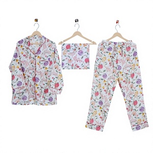Conjunto de pijamas de noche acogedores con estampado Floral de algodón indio para mujer, cintura elástica elegante para verano, otoño y primavera para damas de honor - Product Image 1