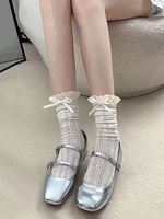 NIMBLEE OEM Chaussettes mi-hautes amples pour femme, personnalisées, de haute qualité, style vintage, avec nœud en dentelle française, ajourées, style ballet, au design charmant