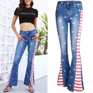 Dames Europese En Amerikaanse Stijl Kleurblok Gestreepte Denim Jeans Met Bedrukte Sterpatronen Uitlopende Lange Broek Met Hoge Taille