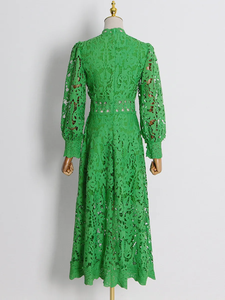 Elegante <span class=keywords><strong>Abito</strong></span> Midi <span class=keywords><strong>Verde</strong></span> in Pizzo con Collo Alto e Maniche a Sbuffo per Donna, Linea A, per Ufficio e Cocktail Party, Motivo Uniforme, Novità 2025 - Product Image 2