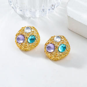 2024 Fashion Jewelry Women's Bohemian Women Bohemian <strong>Bird</strong> <strong>Nest</strong> Alloy Woven Round Earrings Resin Round <strong>Gold</strong> Stud Earrings Jewelry - Product Image 2