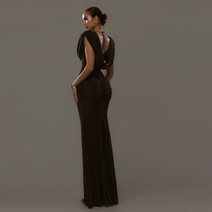 Ghh10246-2025 mùa thu Mới Bộ sưu tập eo màu rắn xếp li cổ Áo Đầm - Product Image 4