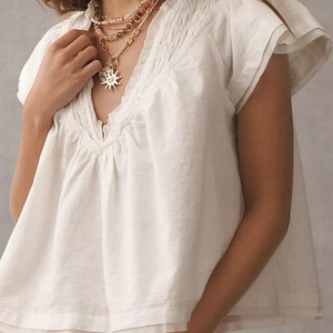 Blusa de Verano para Mujer, Nueva, a la Moda, de Alta Calidad, con Cuello en V, Manga Corta, Encaje Frontal, de Algodón - Product Image 2
