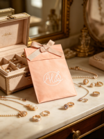 Sac de rangement anti-poussière rose pêche pour montre et collier, avec logo personnalisé, fermeture à ruban, idéal comme pochette cadeau
