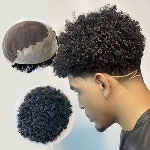 100% vera vergine dei capelli umani sistema di ricambio completo di pizzo Q6 base 1B naturale onda nera rotolo parrucchino ricci per gli uomini di colore - Product Image 1