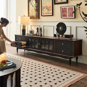 <span class=keywords><strong>Meuble</strong></span> <span class=keywords><strong>TV</strong></span> rétro français en bois massif marron et noir contrastant pour salon, grande capacité de rangement et armoire de salle à manger - Product Image 4