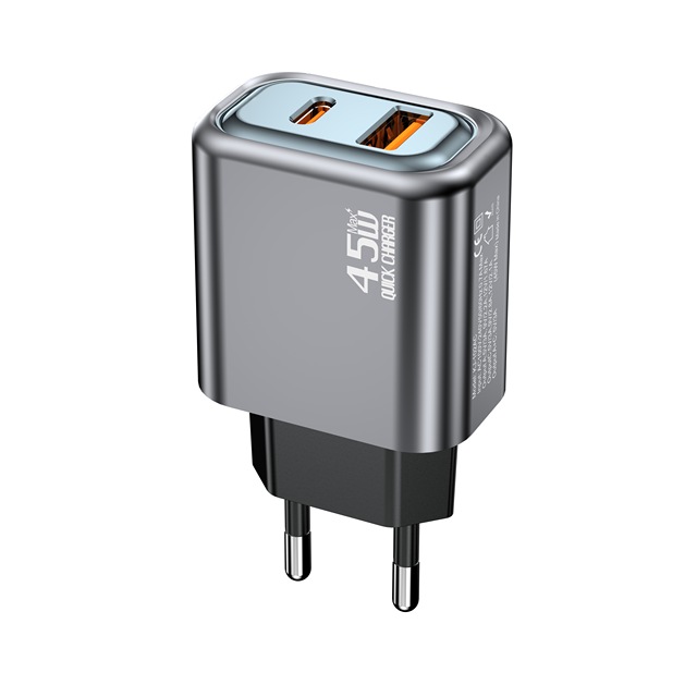 45W GaN USB-C Power Supply Adapter Multi-Port Fast Charger PD QC3.0 Ultra-Fast Charging Eco-Friendly 5V/3A Dual-Plug LED