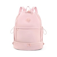 Sac à dos de sport beige léger en polyester avec cordon de serrage, compartiment à chaussures et poche humide pour voyage et école