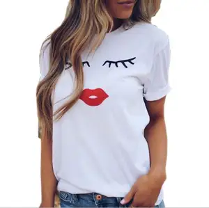 Camiseta de algodón puro para mujer de ocio de manga corta circular con estampado de labios de pestañas europeas y americanas