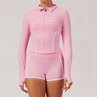 Setelan Olahraga Lari Fitness Wanita Model Slim-fit Anti Angin dengan Ritsleting, Kontras Warna, Elastis Tinggi, dan Bernapas untuk Aktivitas Luar Ruangan