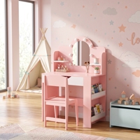 Ensemble de coiffeuse pour enfants en bois avec miroir à LED, table de maquillage pour tout-petits, plateau amovible, armoire de rangement cachée et 2 portes