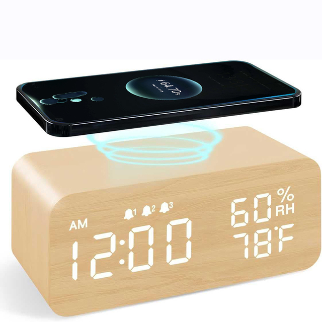 Led Desk Clock Wooden Design Wireless Charging Digital Temperature Humidity Display For Home Decor Living Room Smart Table Clock