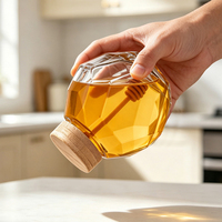 Pot à miel hexagonal en verre transparent vide avec cuillère en bois