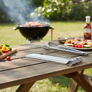 Juego de 30 pinchos de barbacoa de acero inoxidable de 10cm de largo con mango de madera para asar utensilios de cocina - Product Image 3