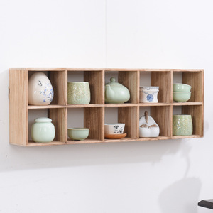 Solid Wood Wall Mounted <b>Display</b> <b>Shelf</b> Rectangle Multi Compartment Teapot Storage <b>Unit</b> For Tea Set Organization - Product Image 4