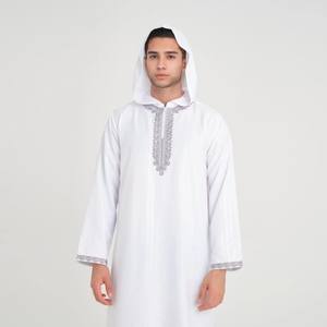 Vêtements islamiques modestes pour hommes en gros, robe à capuche marocaine brodée, respirante, en polyester, thobe - Product Image 1