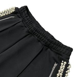 Premium Luxury Pearl Beaded <b>Side</b> Wide Leg Culottes Black <b>Trouser</b> Elastic Waist <b>Zip</b> Pocket Knit <b>Trousers</b> Elegant Casual Pants - Product Image 5