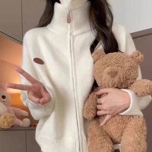 White Zip-Up Stand Collar <b>Cardigan</b> For Women Knitted Solid Color Medium <b>Thickness</b> Autumn Winter Style - Product Image 3