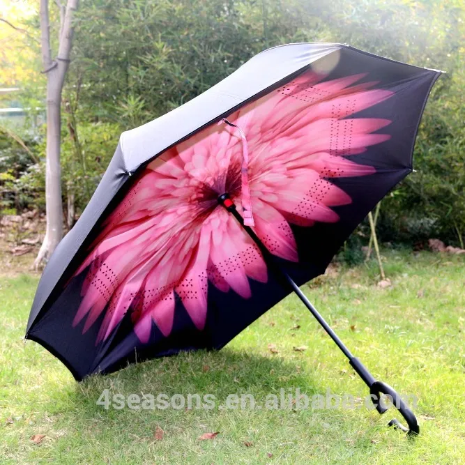 2層リバース傘、ロングハンドル、雨または輝きの日よけ自動傘