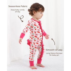 Combinaison à manches longues pour bébé fille, imprimé cerise, vêtements de nuit, 0 mois-2T, respirant, en coton de bambou, à volants - Product Image 4