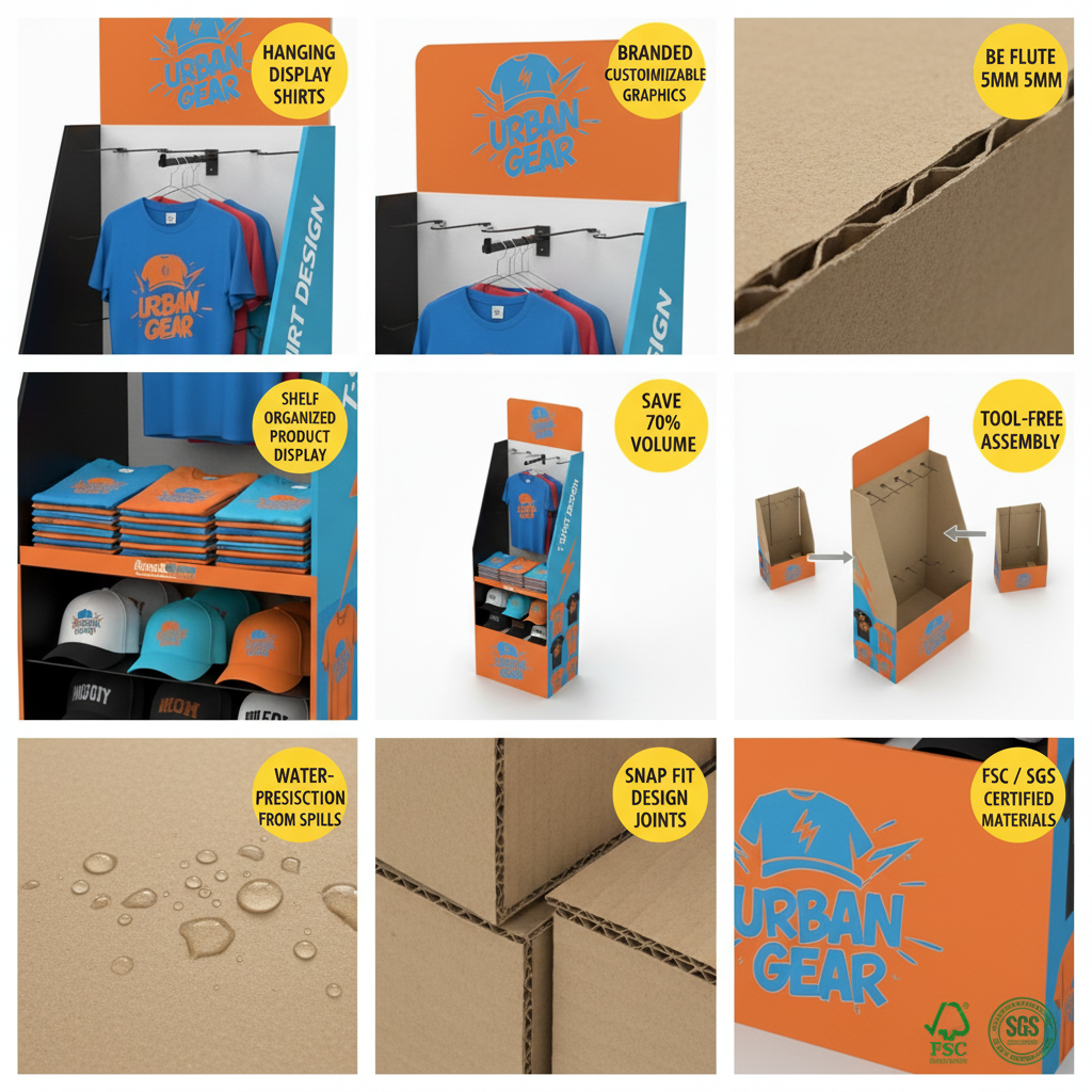 Custom Corrugated Retail Baseball Hat Cap Cardboard Pop Display Stand Floor T-shirt Clothing POS Display Rack — view 5